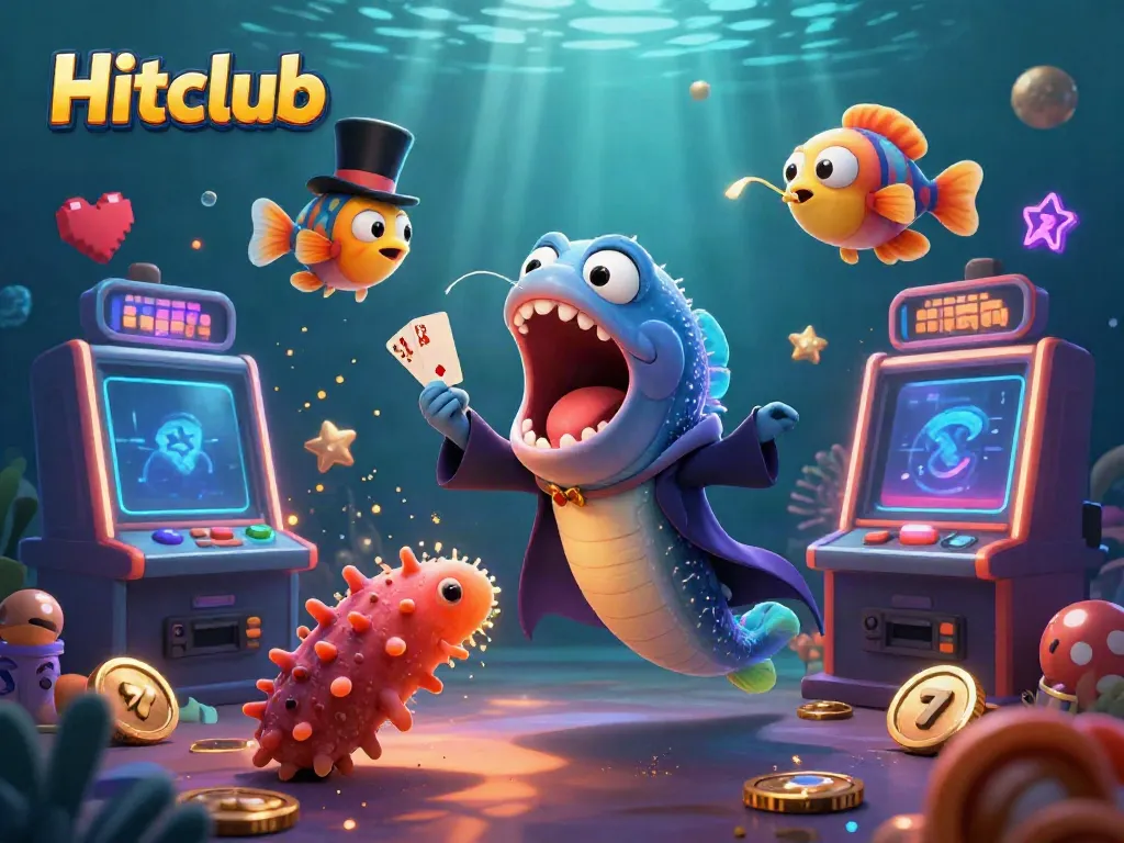 Hitclub features a magical seafood-themed casino scene with vibrant slot games and whimsical characters.