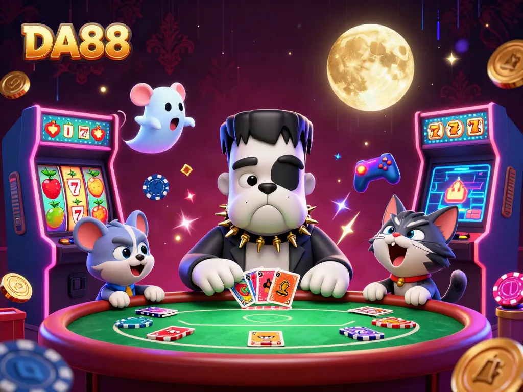 DA88 poker scene with a cartoon bulldog dealing cards, surrounded by colorful gaming elements.