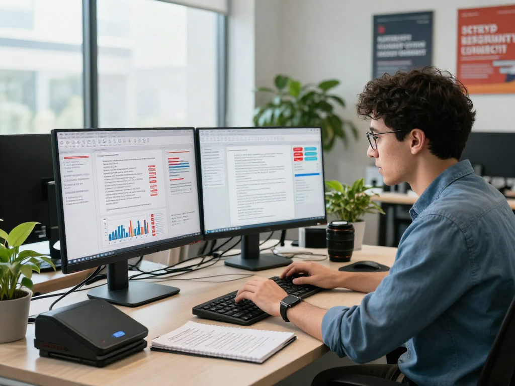 Document fraud detection analysis with a data analyst reviewing alerts in a modern office.