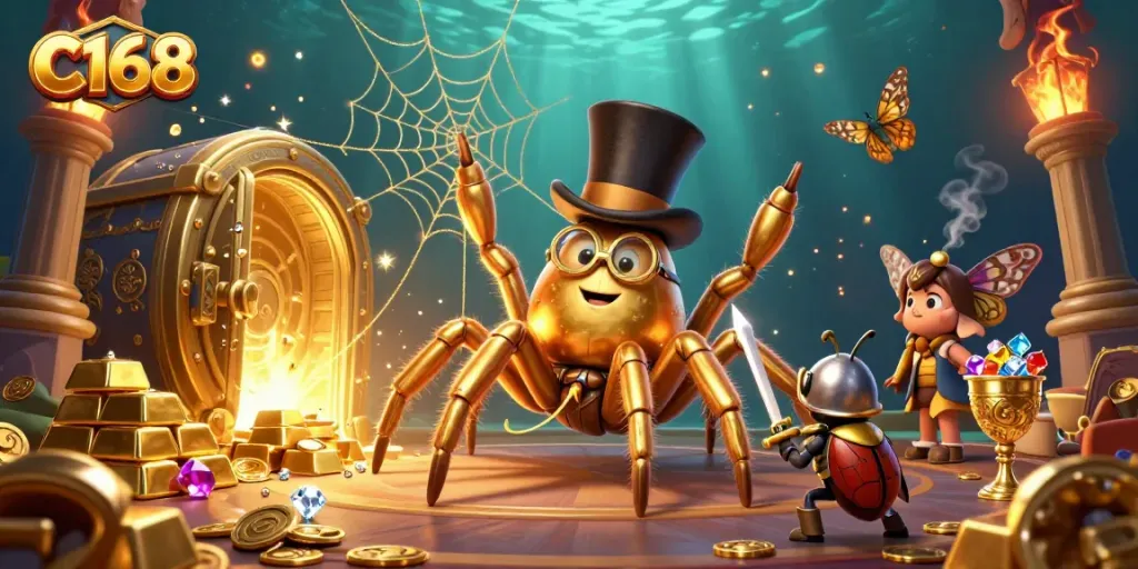 C168 fortune awaits with a 3D cartoon golden tarantula weaving treasures in a vibrant casino scene.