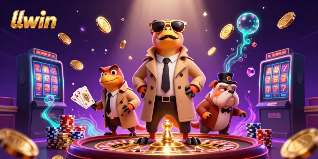 Experience the thrill of llwin in a vibrant casino scene with playful raptors and riches.