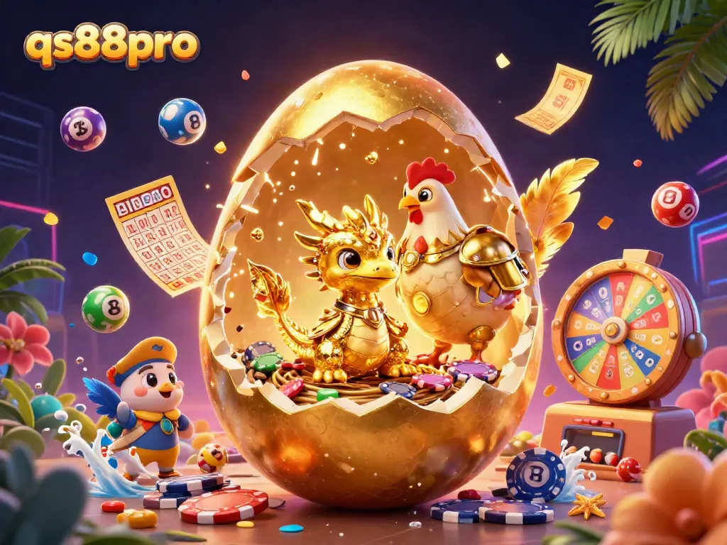 Engage with qs88pro as the golden baby dragon emerges from its egg in a vibrant casino-themed illustration.