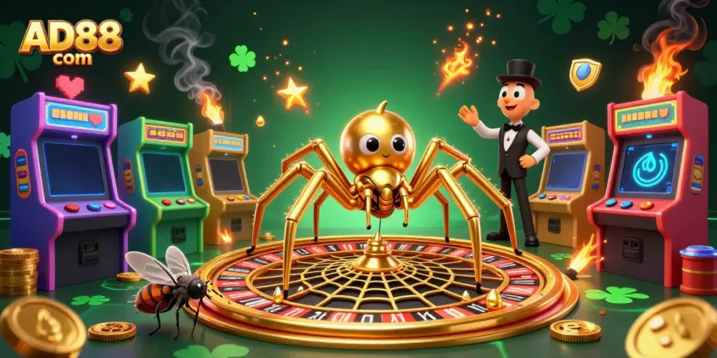 Experience thrilling gambling at AD88 com with a vibrant casino scene featuring animated characters and games.