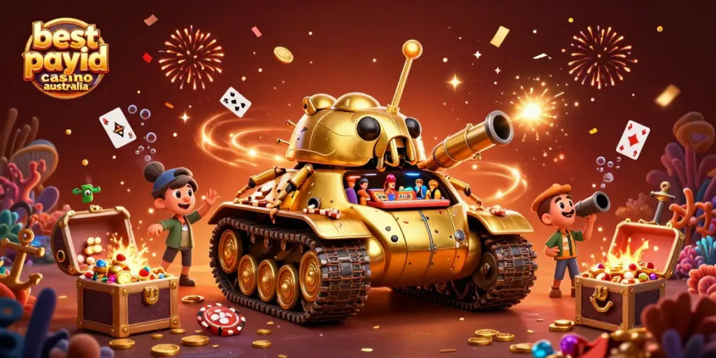 Engage in the vibrant scene showcasing the best PayID casino Australia, featuring a golden beetle tank casino with dynamic elements.