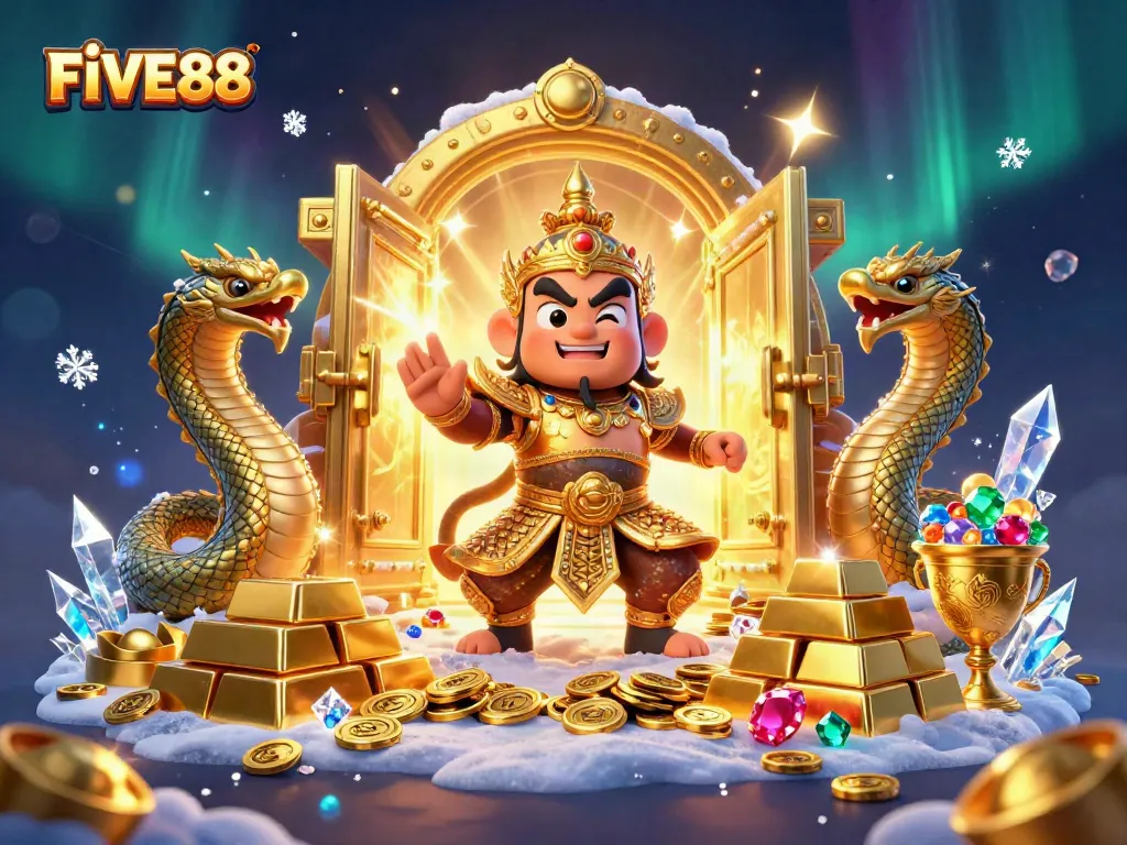 Experience the excitement of FIVE88 with a vibrant casino scene featuring treasures and mythical guardians.