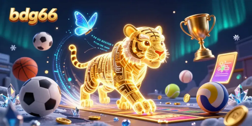 Experience thrilling gaming with bdg66's vibrant neon tiger in a dynamic casino scene filled with sports elements.