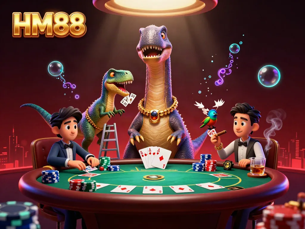 Engaging HM88 casino scene featuring a towering brontosaurus and a clever raptor dealing cards.