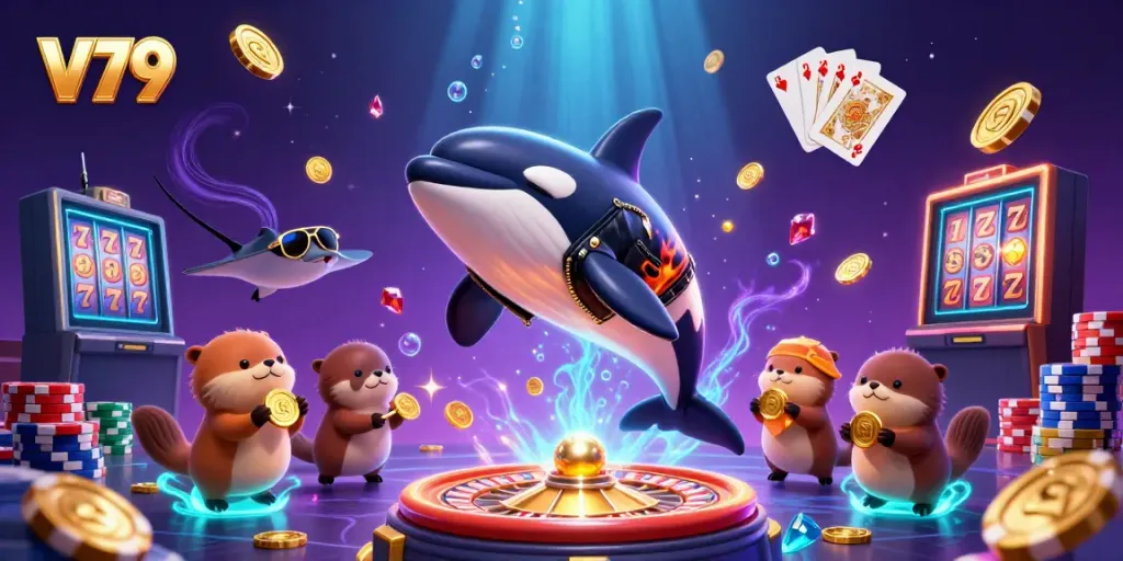Trải nghiệm trò chơi tại V79 với cá voi orca, cá đuối và hải cầu cùng vàng.