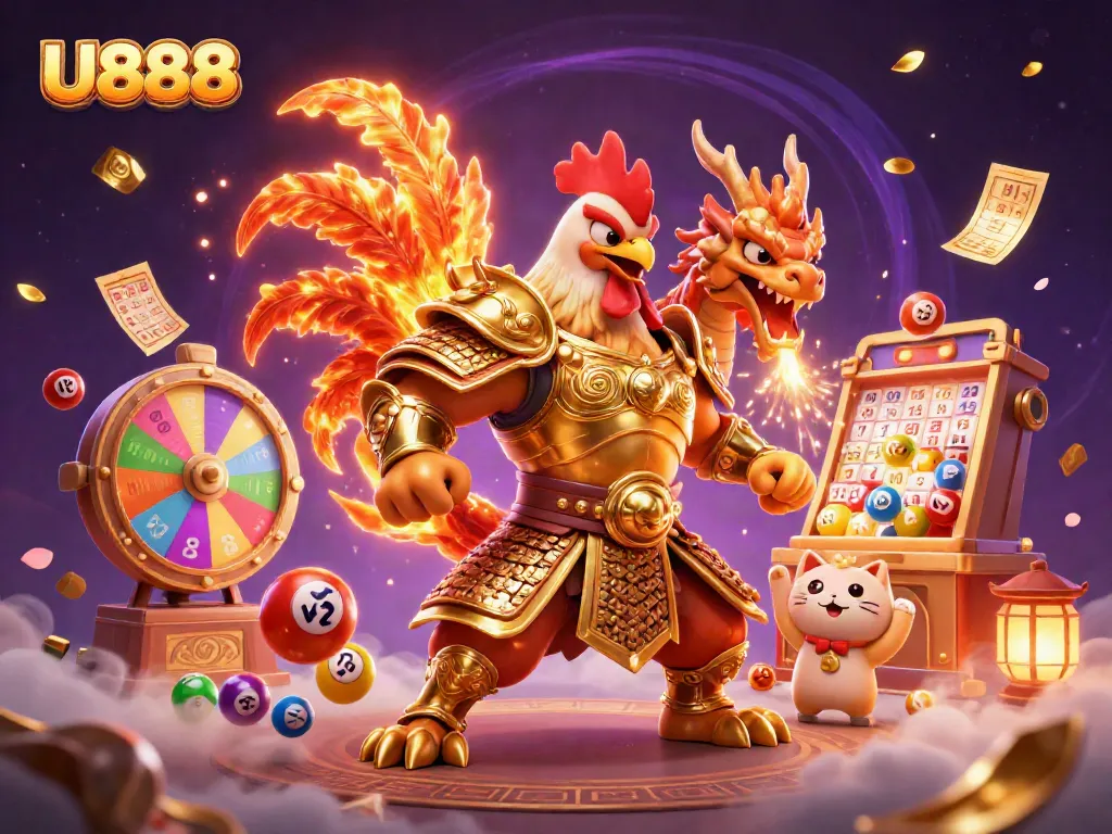 Engage in exciting gambling with U888's dynamic casino scene featuring cartoon warriors and vibrant game elements.