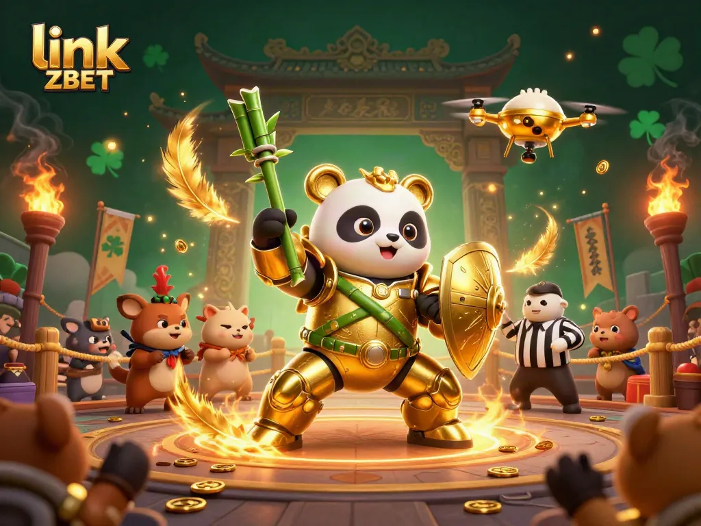 Experience thrilling games at link ZBET while a golden panda battles with its bamboo robot in an exciting arena.