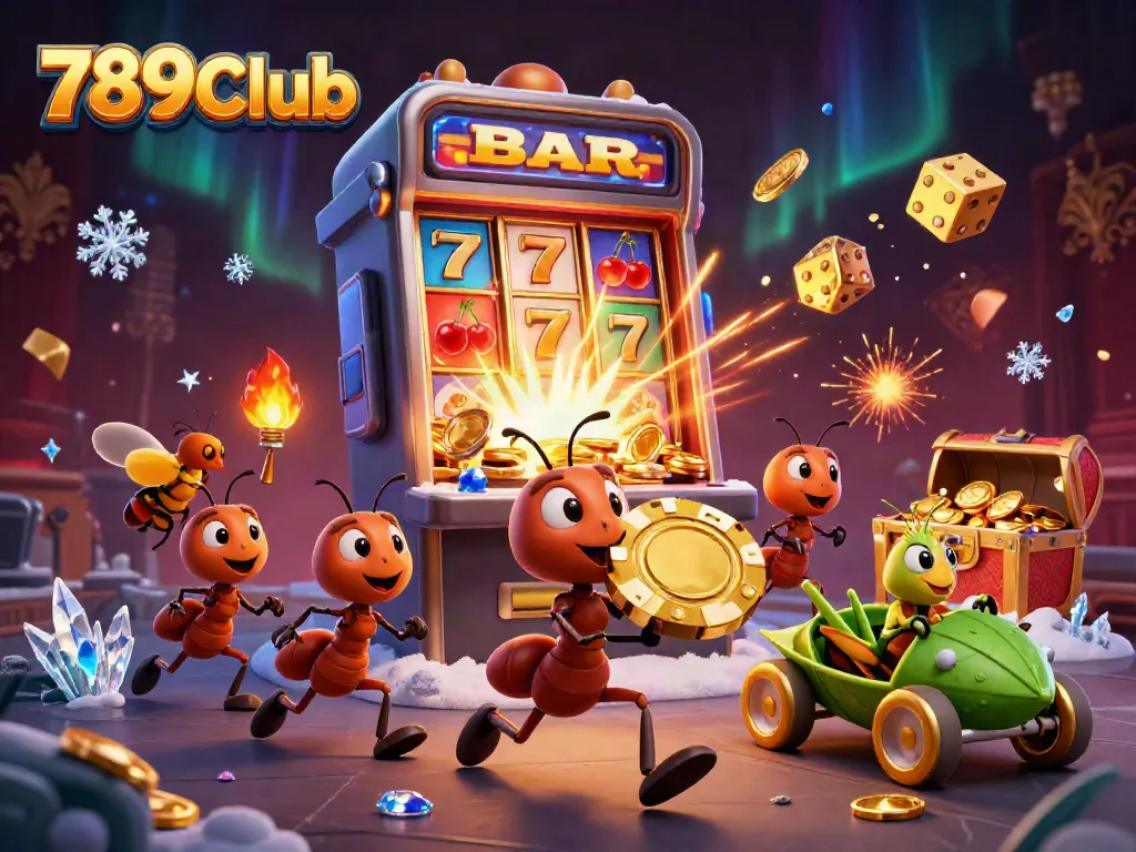 Experience the adventure of 789Club with ants carrying a giant poker chip in a vibrant casino scene.