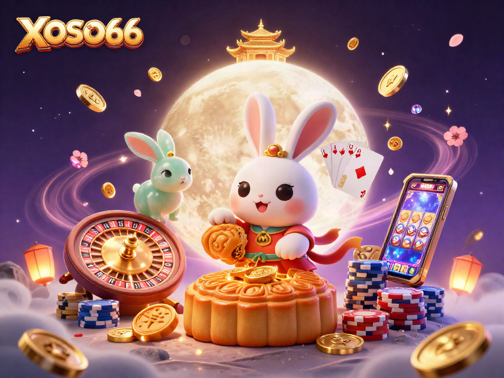 XOSO66 reveals hidden poker chips in a whimsical moon rabbit scene filled with casino elements.