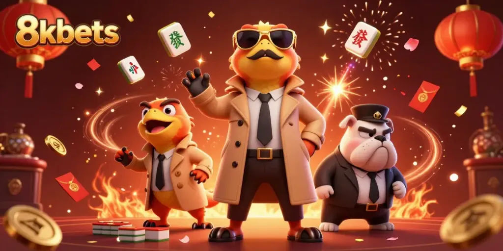 Experience 8xbets excitement with three raptors in disguise entering a VIP casino lounge.