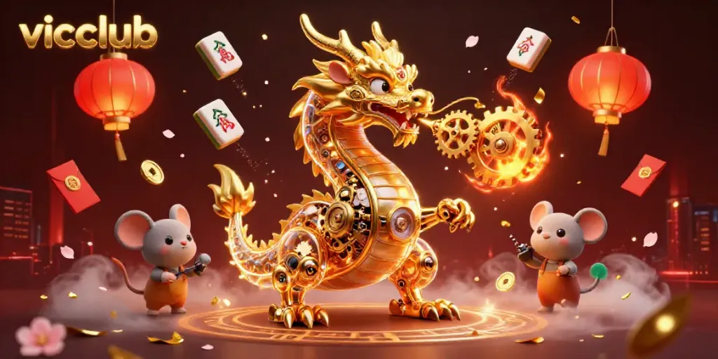 Experience thrilling gameplay at vicclub with a golden dragon and vibrant casino elements in this stunning 3D illustration.