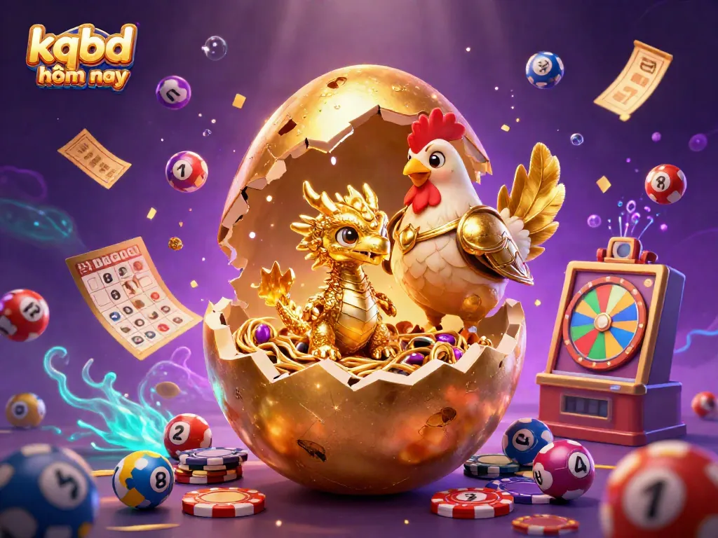 Check out kqbd hôm nay with this vibrant 3D illustration featuring a golden dragon, poker chips, and lottery elements.