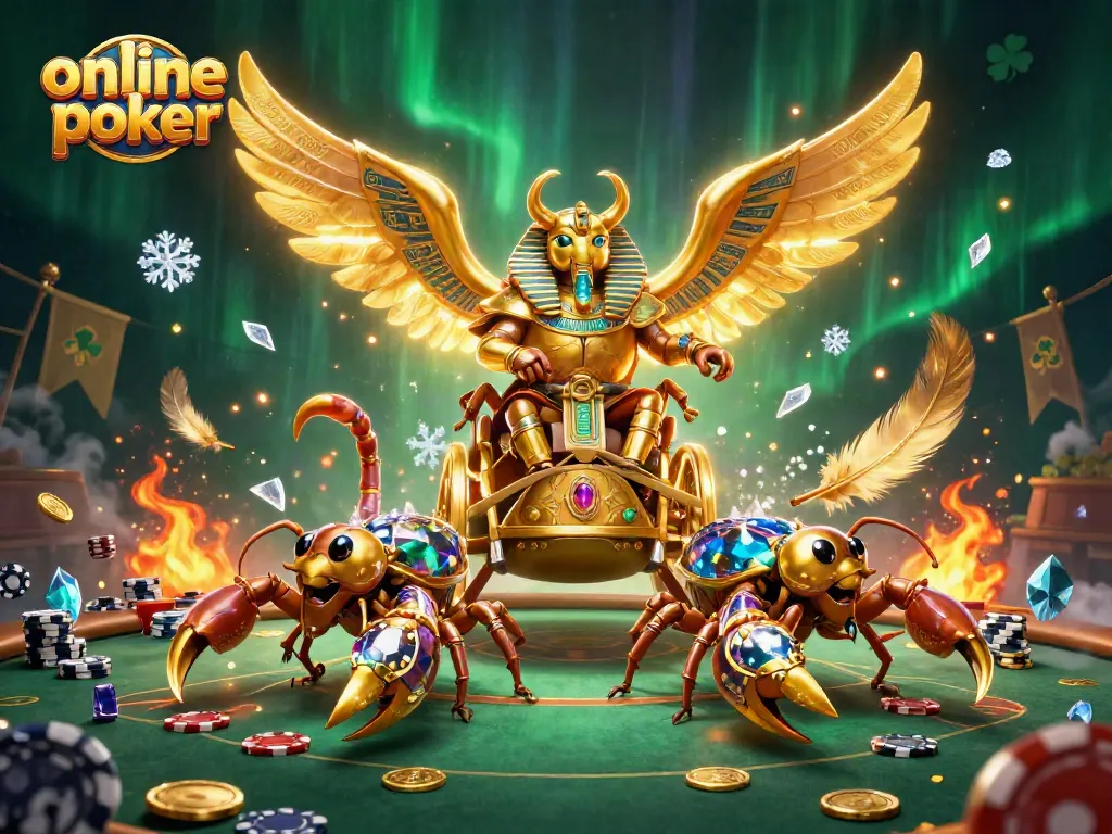 Engage in online poker with a vibrant 3D scene depicting a golden scarab and poker elements.