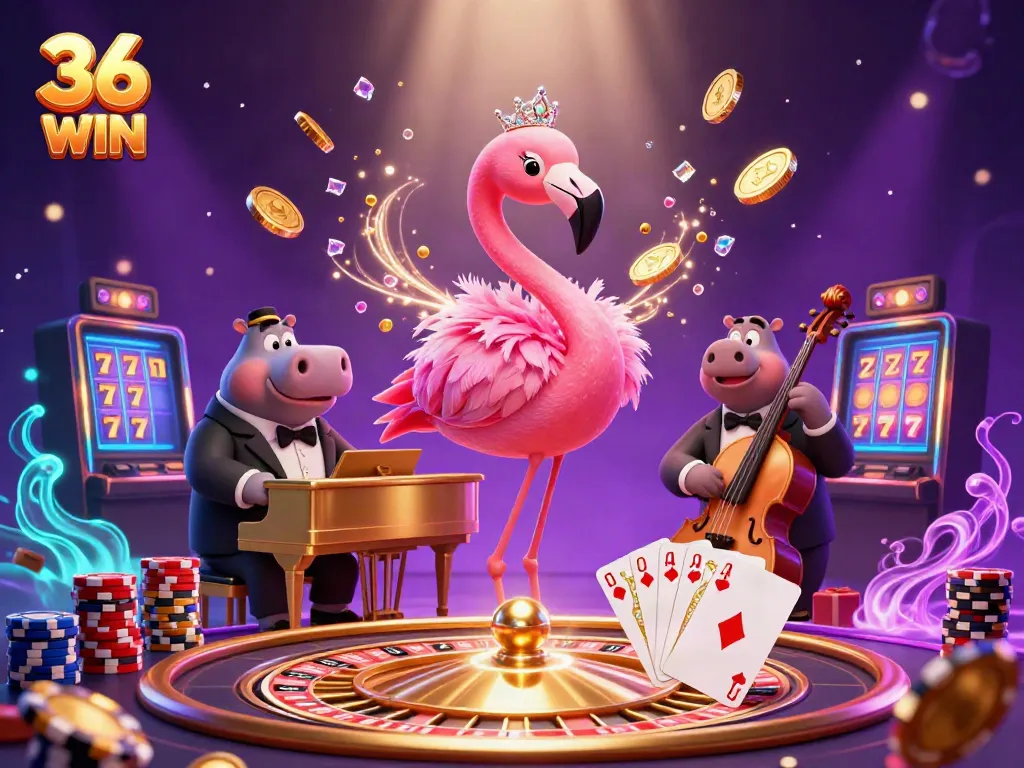 Experience the excitement at 36 WIN with a vibrant 3D casino scene showcasing a flamingo singer and hippo bassist.