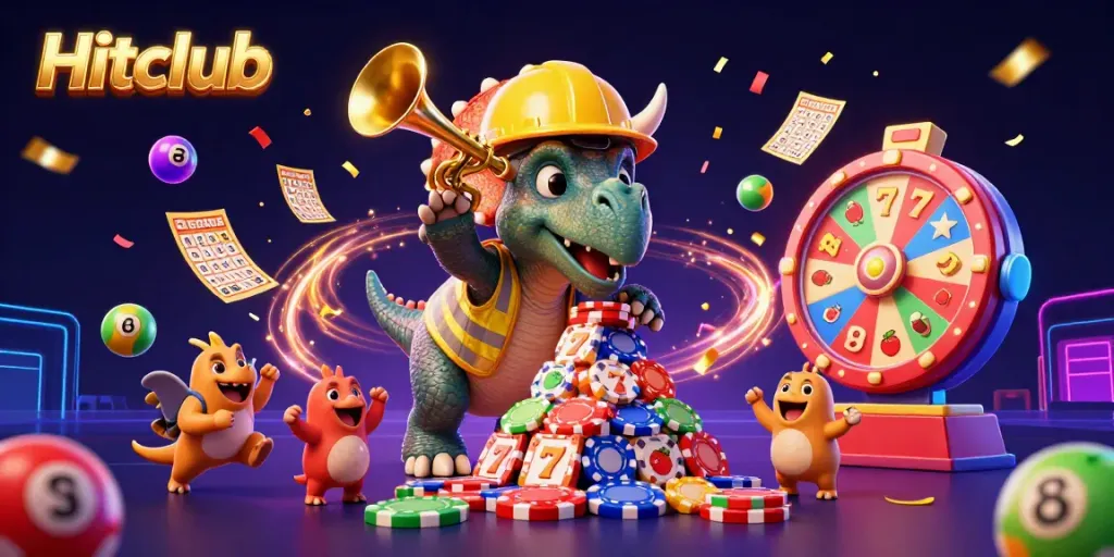 Experience the thrill of Hitclub with a dynamic 3D scene featuring a triceratops building poker chip pyramids amidst vibrant casino elements.