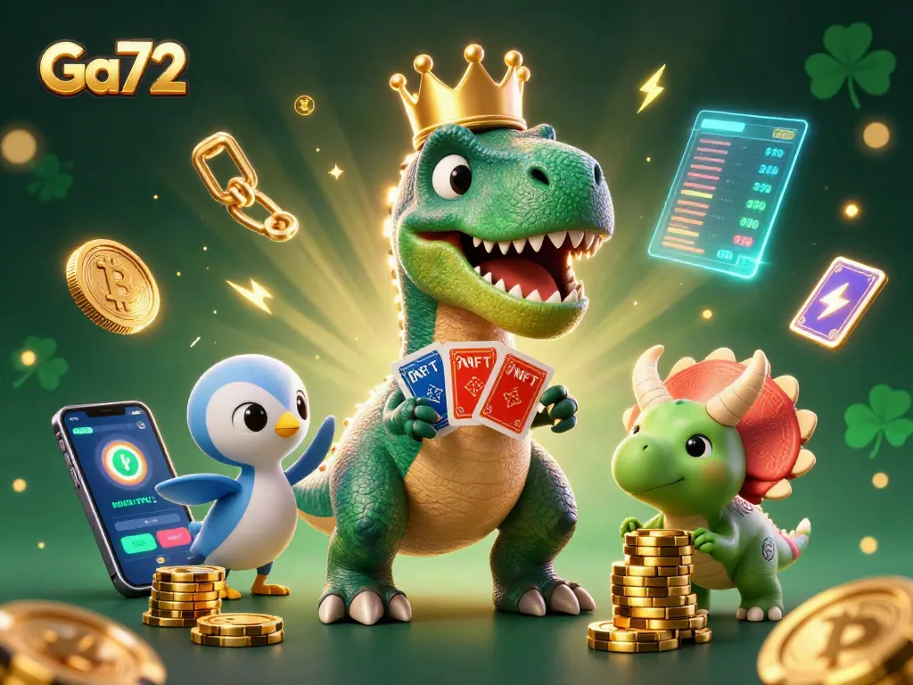 Engage with Ga72's thrilling gameplay as a T-Rex shuffles cards and a triceratops stacks chips in a vibrant scene.