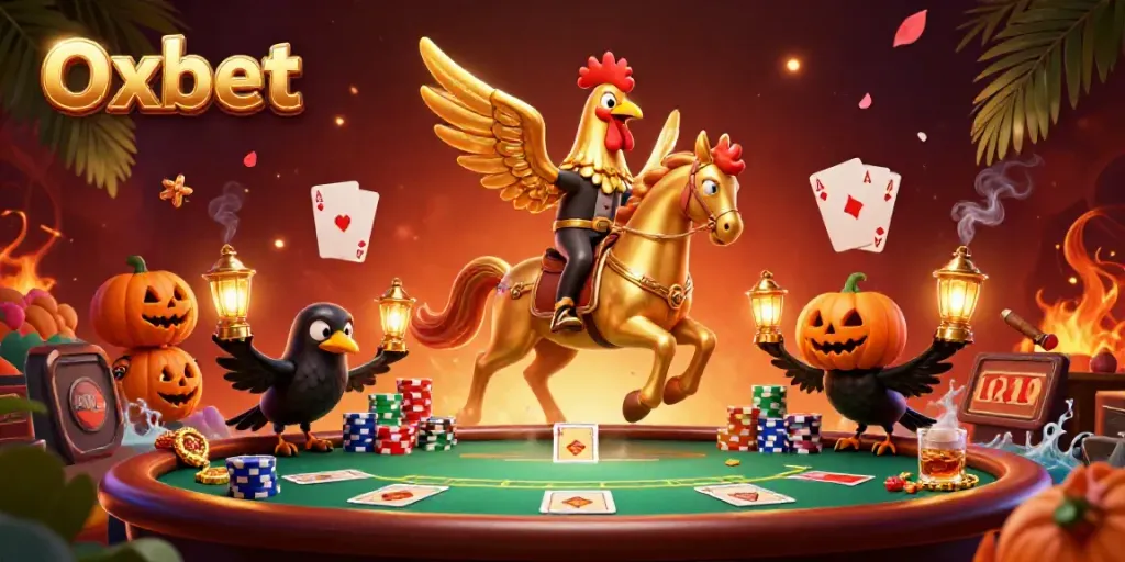 Experience the thrilling atmosphere of Oxbet with the headless horseman and friends amid vibrant casino action.