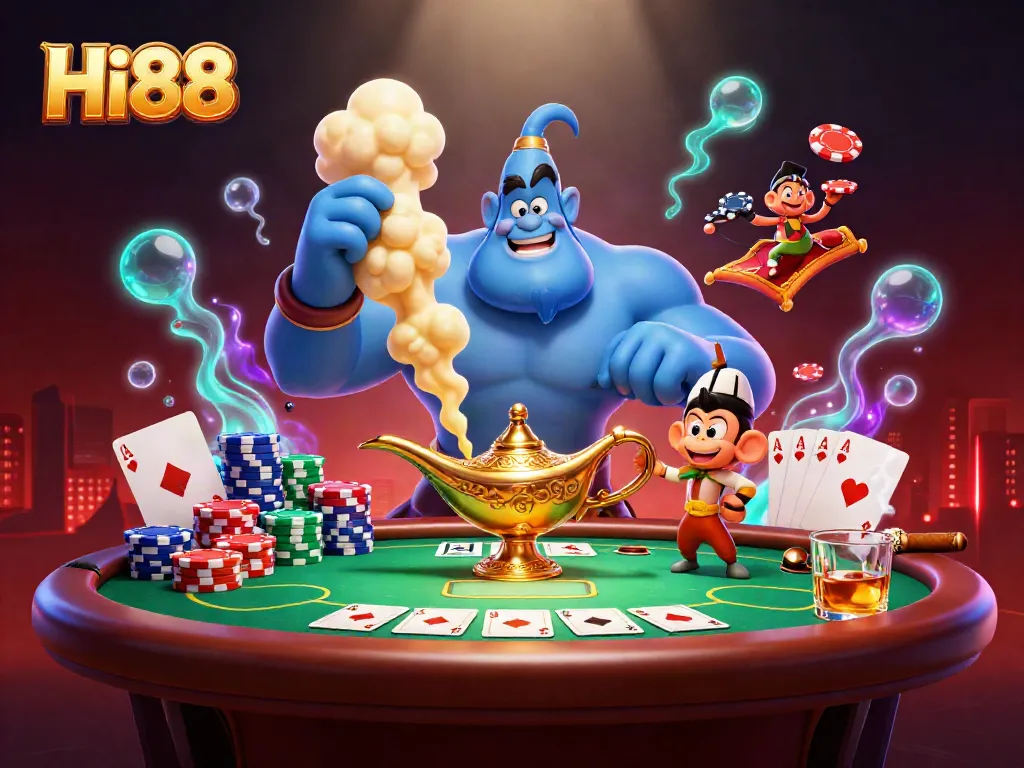 Hi88 gamblers celebrating a poker win in an ultra-detailed 3D casino scene with vibrant characters and rich visuals.