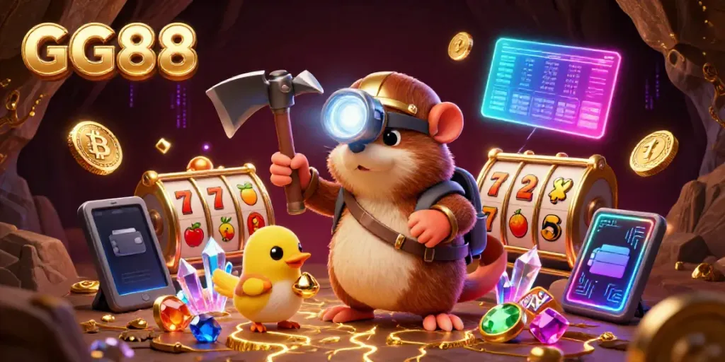 CGI scene showcasing GG88 gaming slot experience with treasure hunter and canary in a vibrant cave.