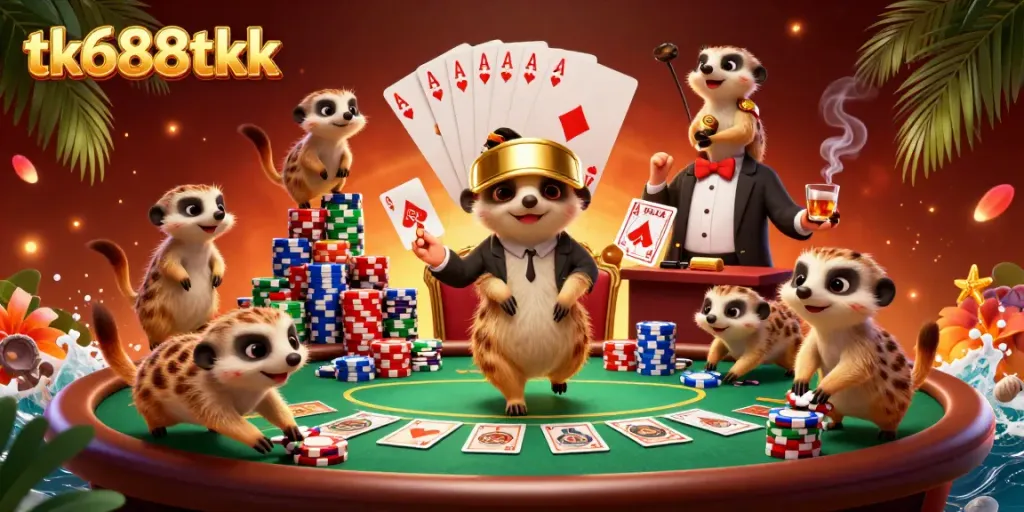 Engage in thrilling poker games at tk688tkk with charming meerkats running a lively casino.