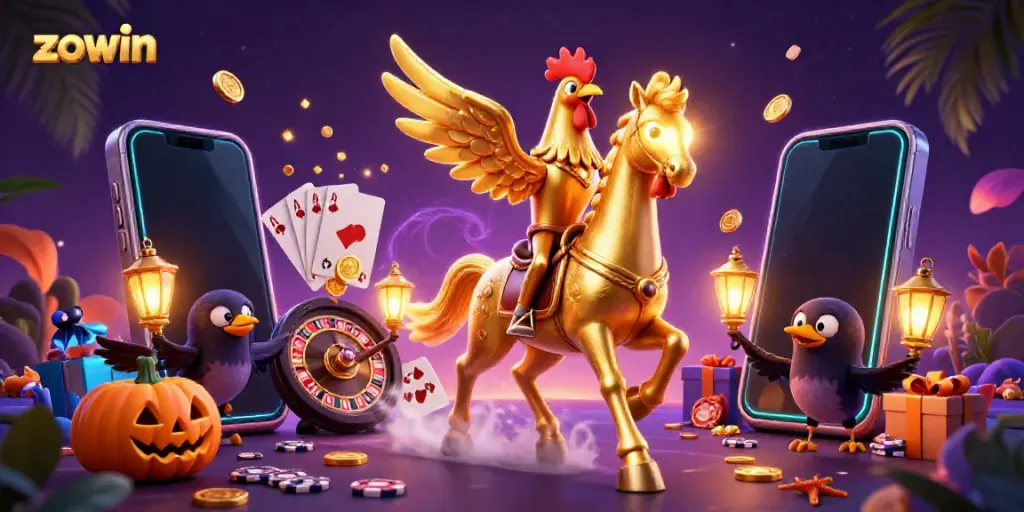 Zowin's vibrant casino scene featuring golden rooster and spooky crows with dynamic gaming elements