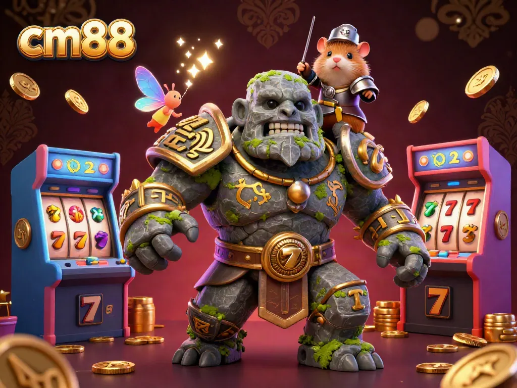 Experience the magic of cm88 as the golem guardian awakens amidst vibrant casino games and golden treasures.