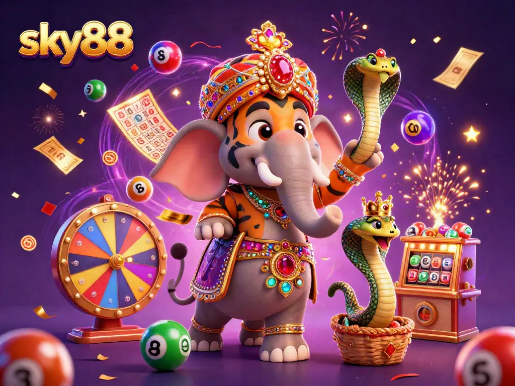 Sky88 brings excitement with a vibrant 3D casino scene celebrating winnings and games.