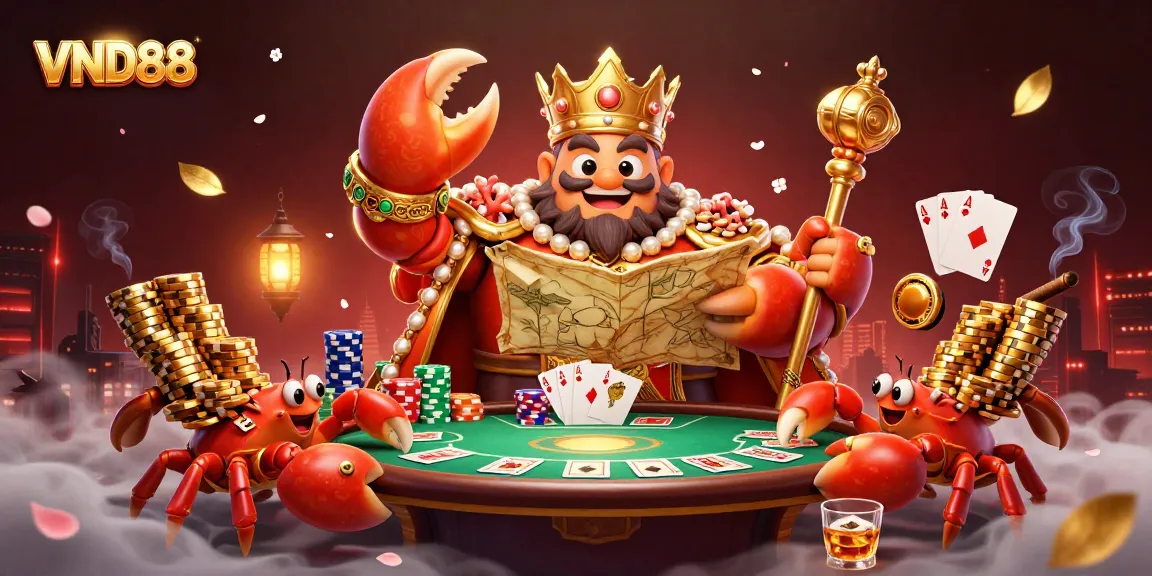 Join the VND88 adventure with a golden crab emperor amidst a vibrant poker scene.