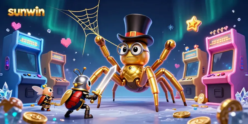 Engage with sunwin's vibrant casino atmosphere featuring a giant tarantula and a beetle knight.