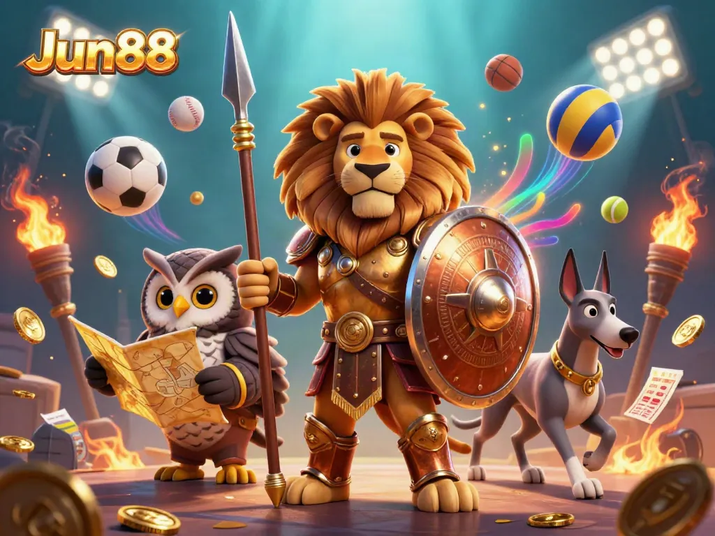 Experience exciting gaming with Jun88 - A 3D cartoon scene featuring a Spartan lion, owl strategist, and swift greyhound amidst floating sports elements.