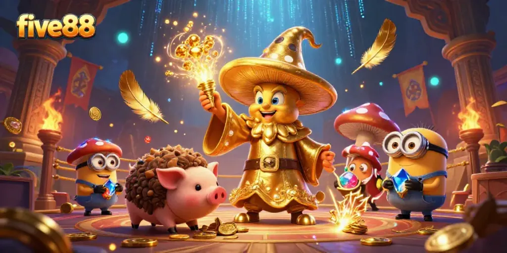 Experience exhilarating casino magic with five88 through a golden wizard and treasure-hunting pig in a rich environment.