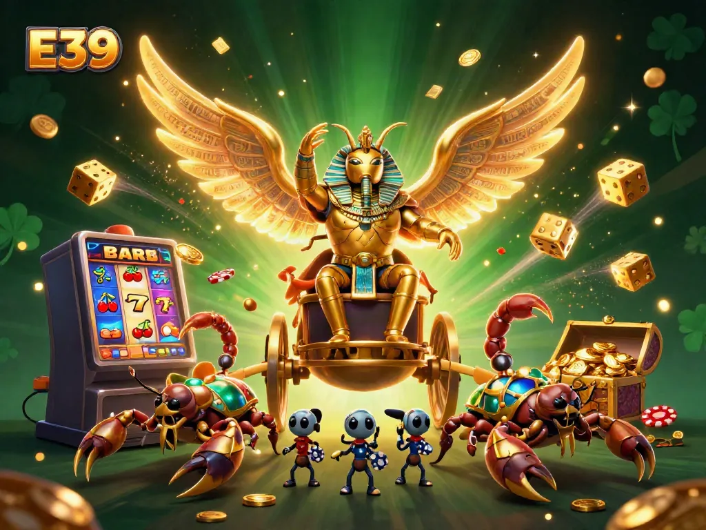E39 showcases vibrant casino excitement with unique characters amid a jackpot explosion