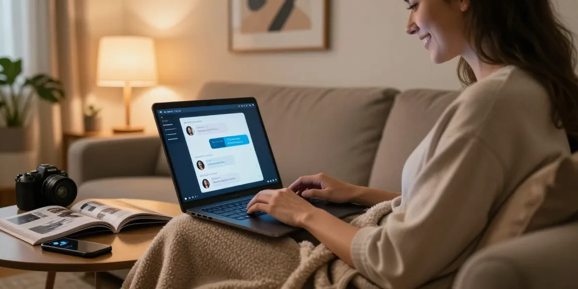 Engaging in AI sex chat on a laptop in a cozy home environment