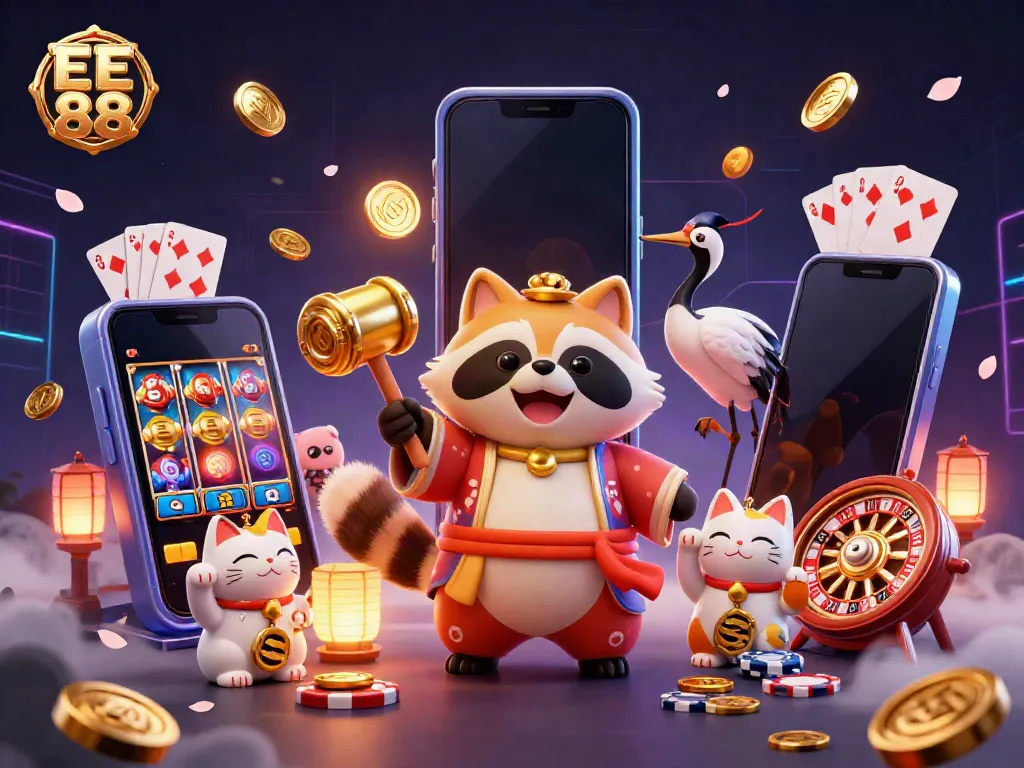 Engage with EE 88 casino vibes through a vibrant 3D animation of celebrating characters and dynamic gambling scenes.