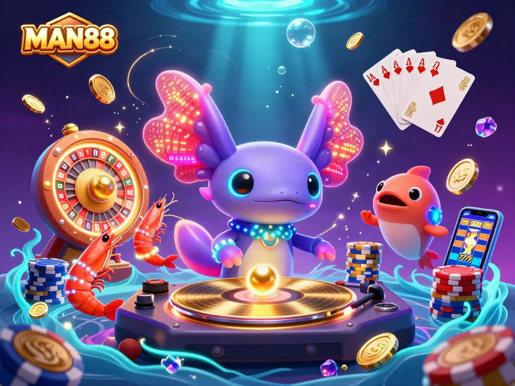 Experience the vibrant gambling world of MAN88 with dynamic characters and lively casino elements.