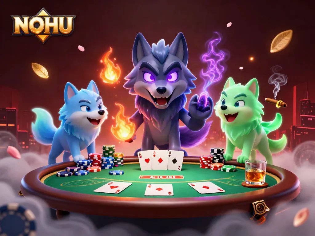 Experience thrilling NOHU gambling with shadow wolf characters amidst vibrant casino elements.