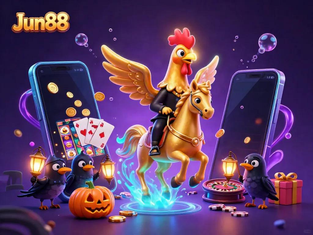 Experience the excitement of Jun88 casino gaming with a golden rooster riding through a vibrant casino scene.
