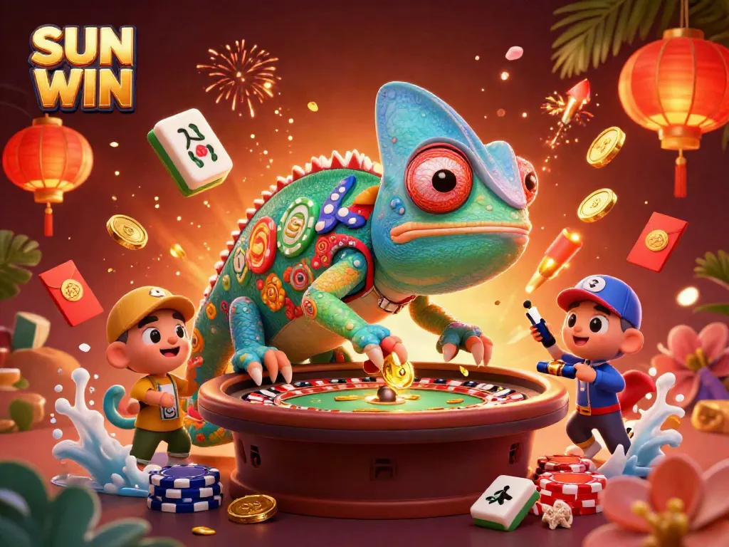 Participate in an exciting SUN WIN gaming experience with a vibrant casino scene full of engaging elements.