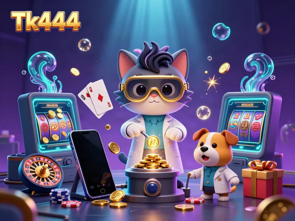 Experience thrilling entertainment with Tk444, showcasing a vibrant casino scene featuring games and golden coins.